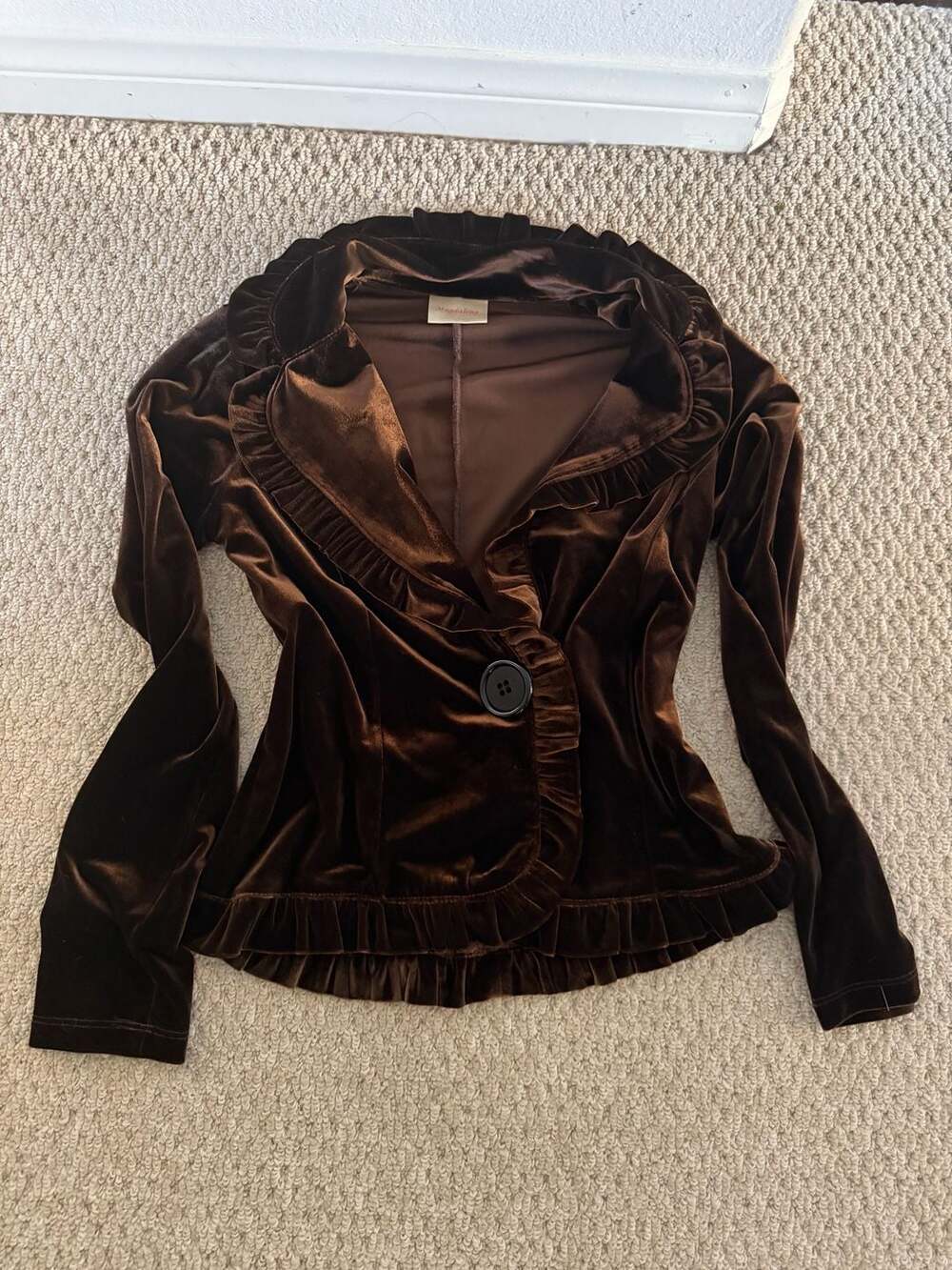 Magdalena Brown Velvet Ruffled Blazer Jacket with Single Button